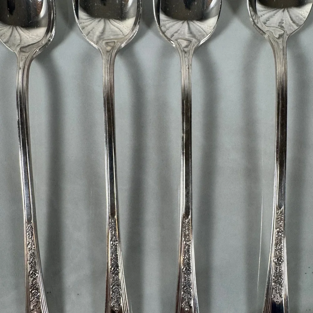Set of 4 Plymouth Silver Plate Long Iced‎ Tea Spoons Jewel Rose Cottagecore